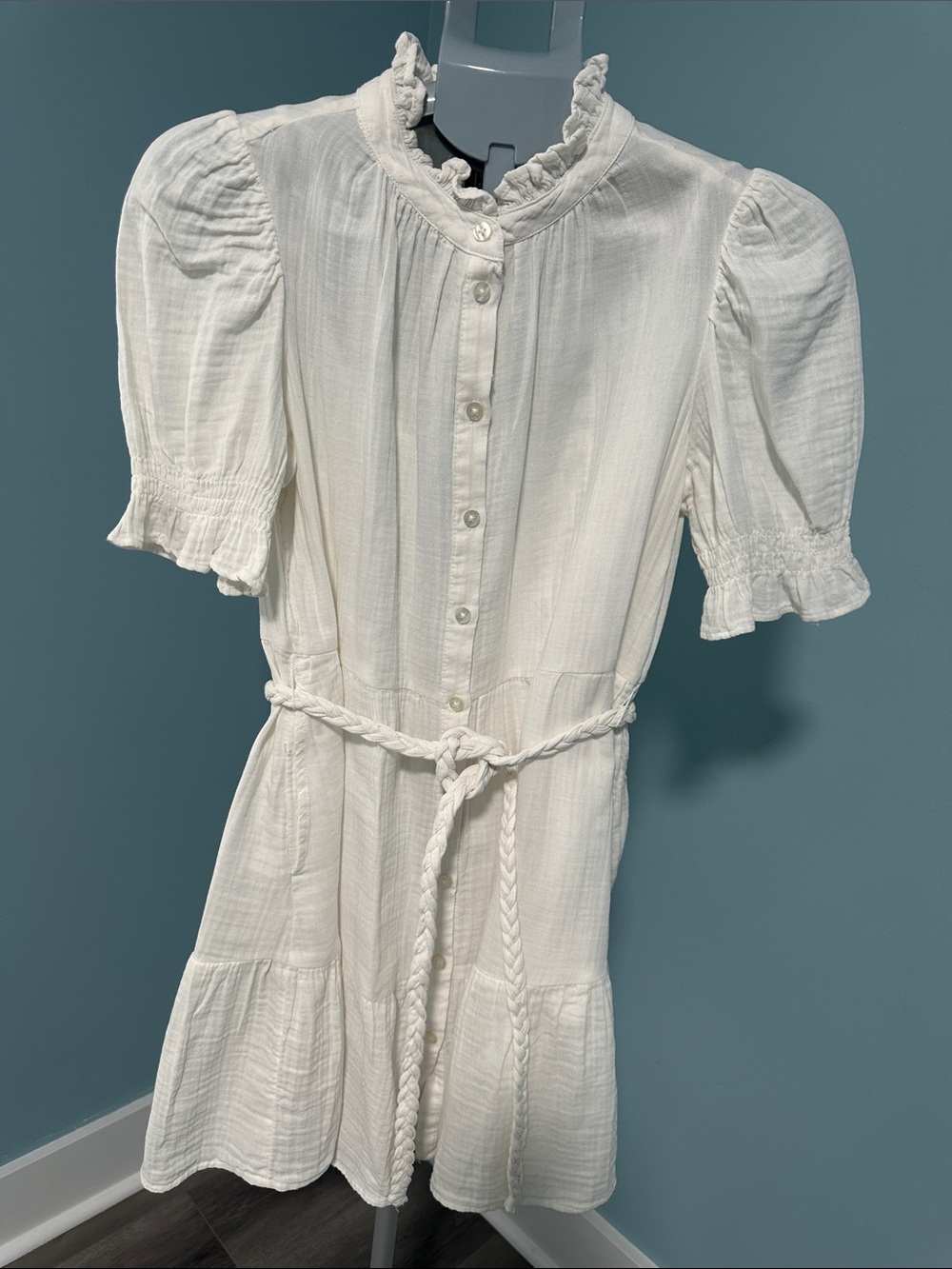 GAP White Ruffled Button-Front Dress with Braided Waist Tie